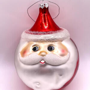 Blown Glass Santa Face Christmas‎ Ornament Flocked Trim 4.5" Length